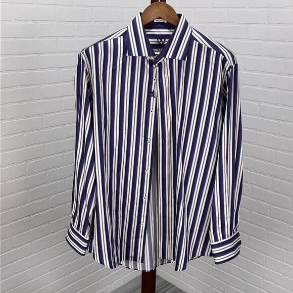 Bugatchi Uomo Shirt Mens Purple Tan Stripe Shaped Fit Cotton Classic Dress Party - Picture 1 of 8